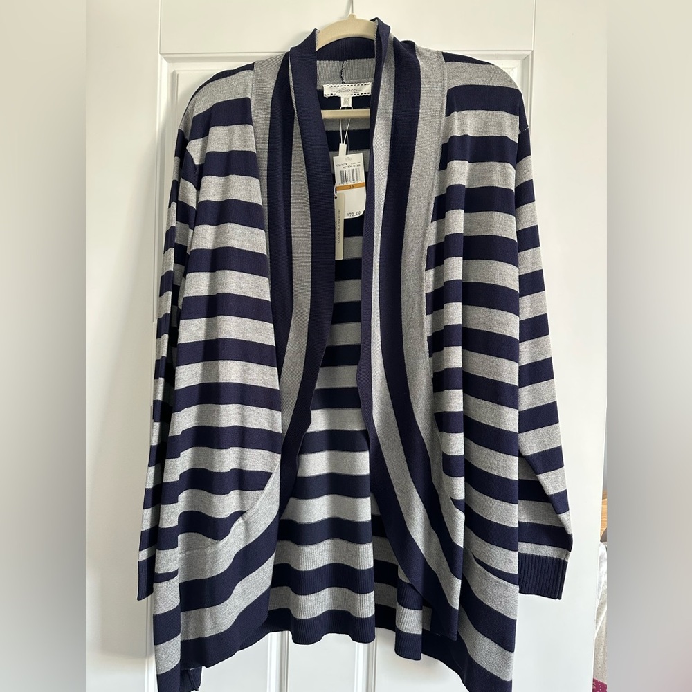 Women’s plus size 3X Striped Navy and Gray Women's cardigan Sweater